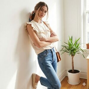 Clare V. Charlotte Sweatshirt Vest Womens Large Cream Ruffle Trim Top Sleeveless